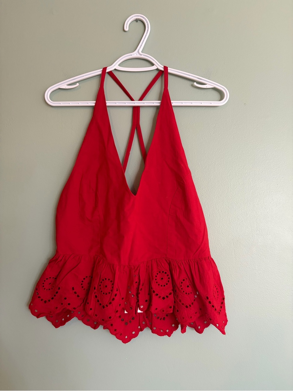 NWT Sim & Sam Red Cotton Halter Top L Peplum Eyelet Broderie Babydoll Boho Cami